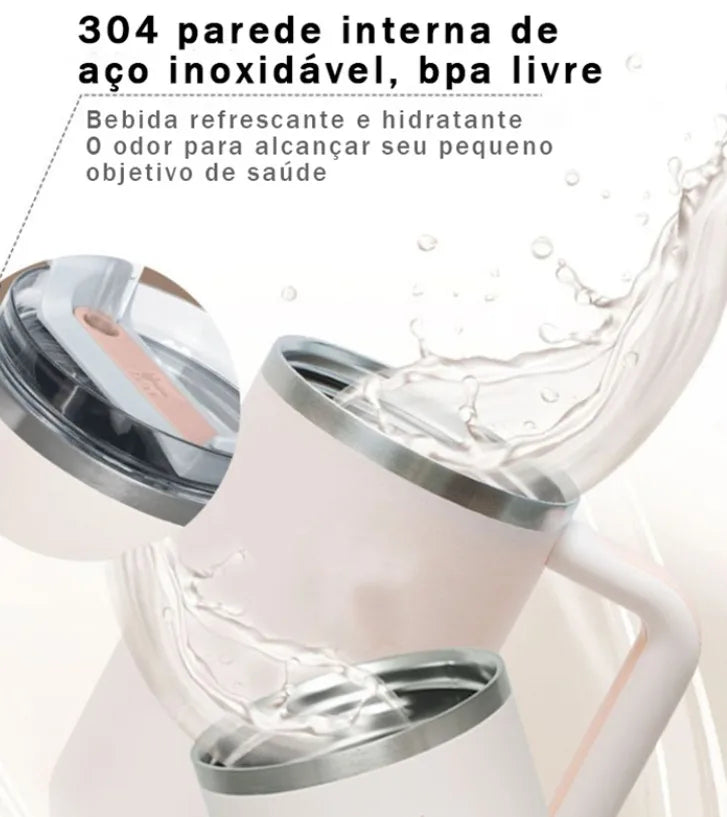 Copo Térmico 1200ml com Canudo e Alça Portátil para Água, Café, Refrigerante, Chá e Cerveja – Aço Inoxidável