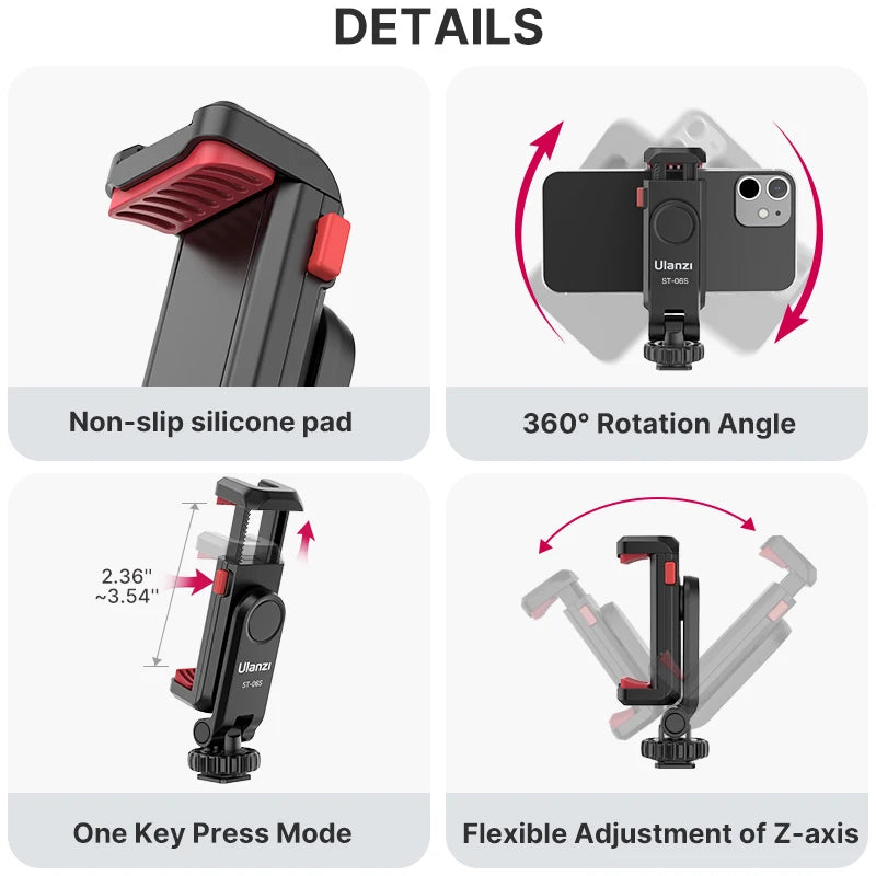 Suporte para Celular Ulanzi ST-06S 360° Universal com Adaptador para Tripé e Sapata Fria para Smartphones - Compatível com Samsung, iPhone, Xiaomi e outros