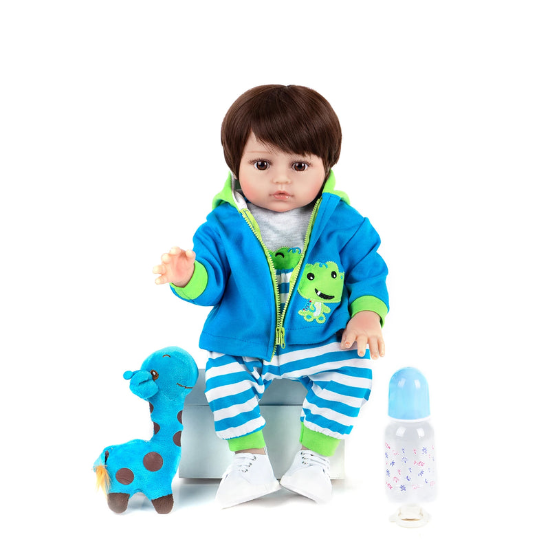 Boneco Baby Reborn Menino 48cm com Girafa - Silicone Corpo Inteiro